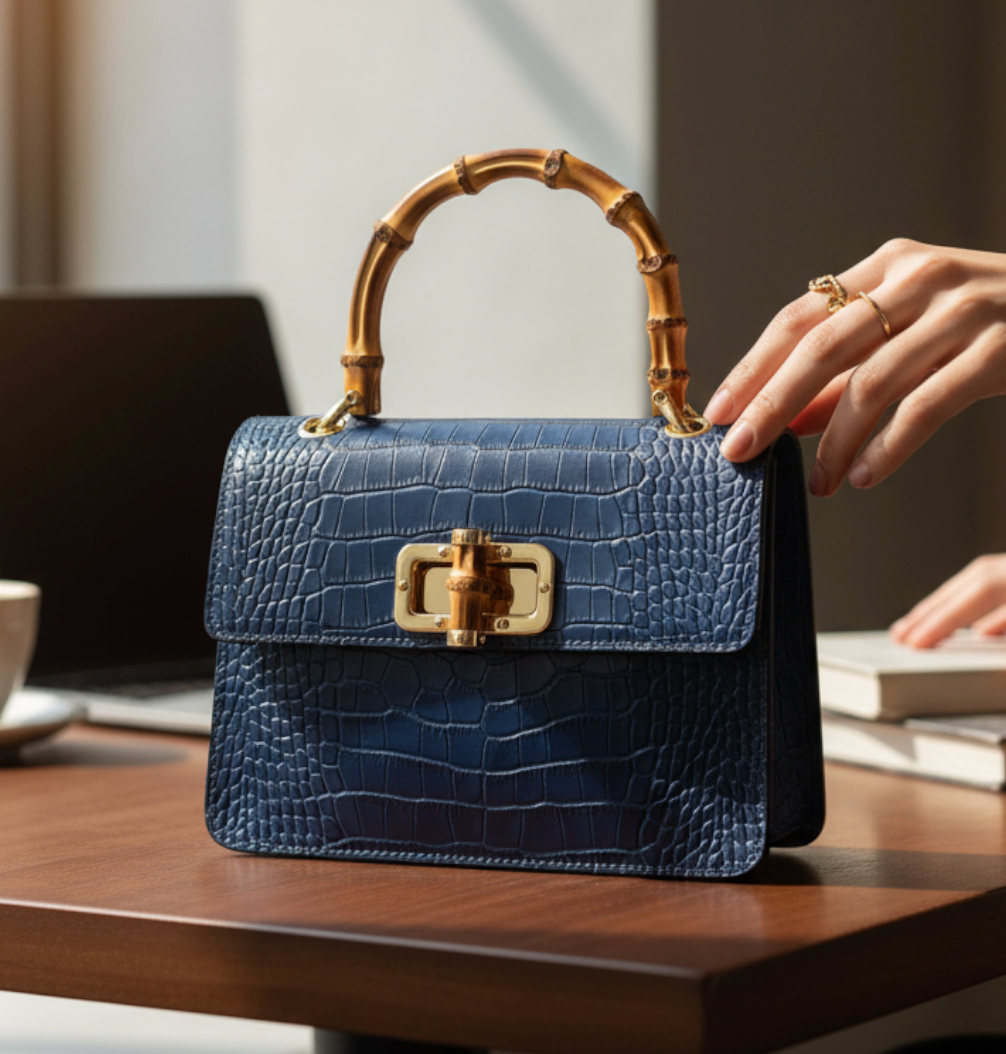 Navy Leather Crocodile Print Bag With Twist Lock - Genevieve