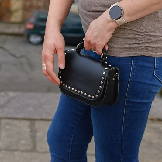 Aura Handmade Leather Bag - Black Studded - STUDIO TEW