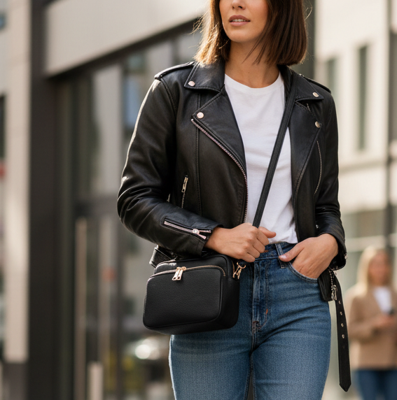 Black leather jacket with jeans