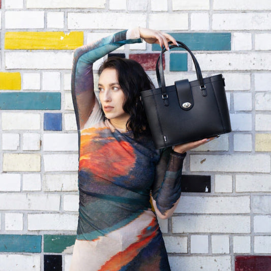 Leather Mini Twist Lock Shopper Bag - Black - STUDIO TEW