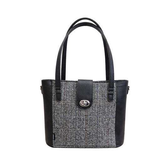 Tannery Tweed & Leather Mini Twist Lock Shopper Bag - Black - STUDIO TEW