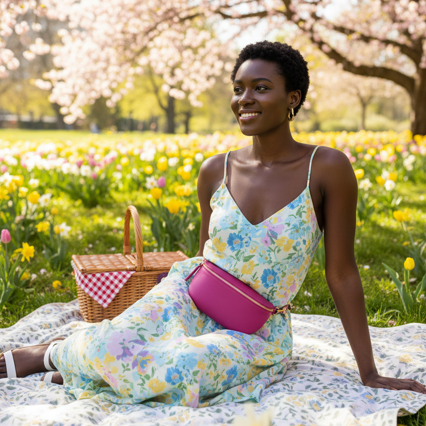 Black woman wearing hot pink belt bag at spring picnic