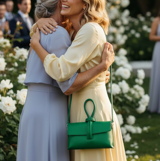 Bright green bag styled on woman hugging mother at party