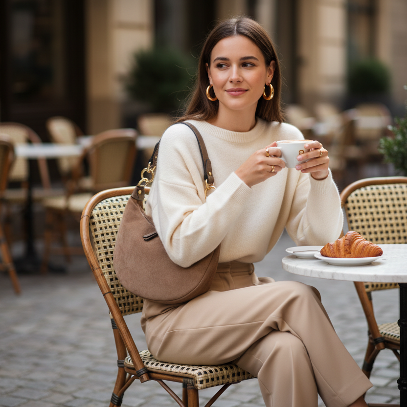 Café outfit with hobo bag worn on shoulder