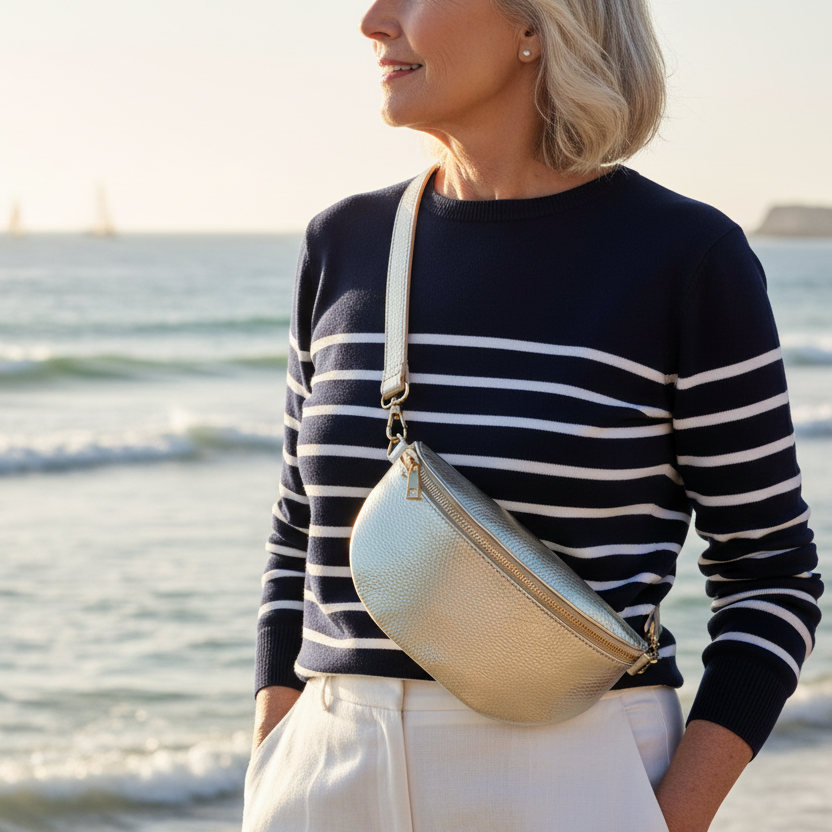 Crossbody across torso coastal setting