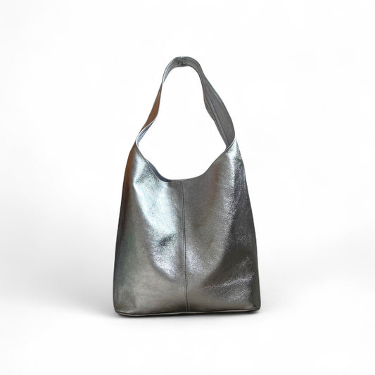 Dark Silver Leather Oversized Boho Shoulder Bag - Evalyn