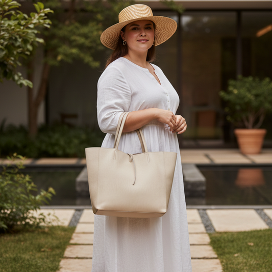 Flowing white linen dress with straw hat
