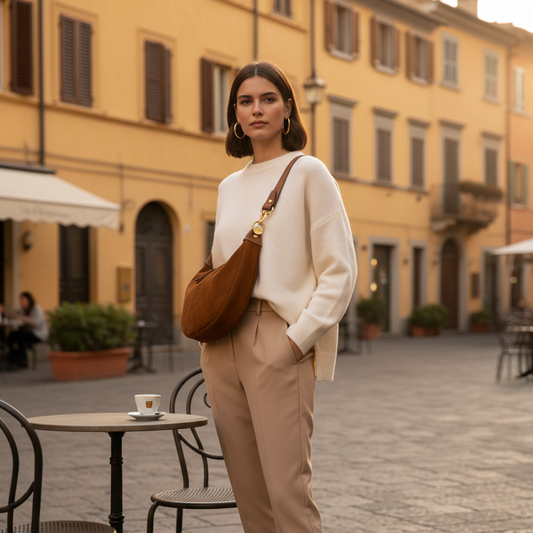 Full length Italian café street style with tan hobo bag