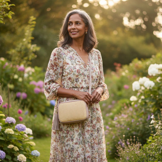 Nude Pink Leather & Raffia Bag - Saskia