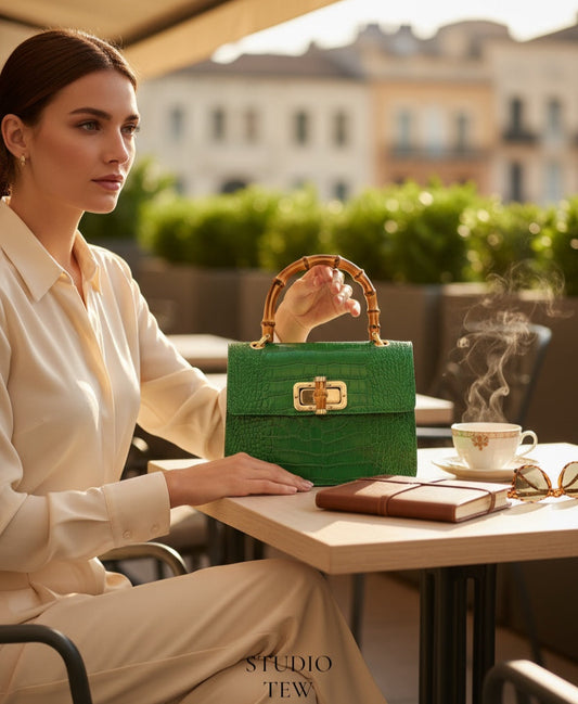 Green Leather Crocodile Print Bag With Twist Lock - Genevieve