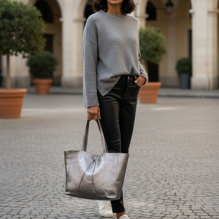 Grey knit with leather pants