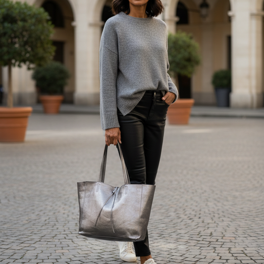 Grey knit with leather pants