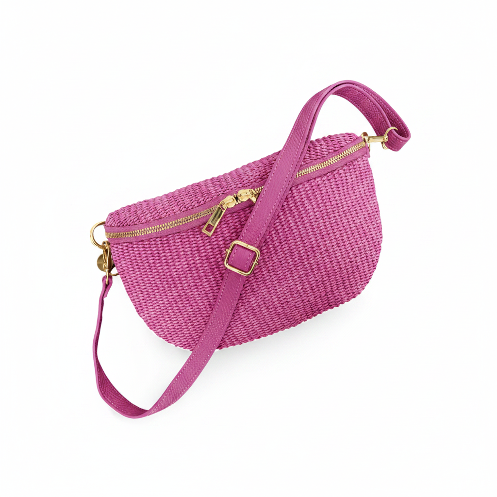 Hot Pink Raffia Crescent Bag