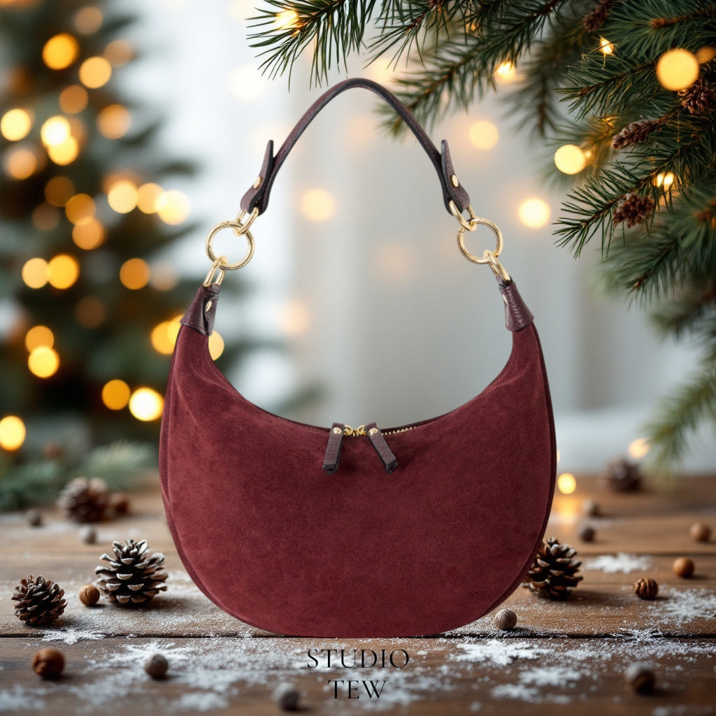 Burgundy Suede Crescent Shaped Hobo Bag - Valerie