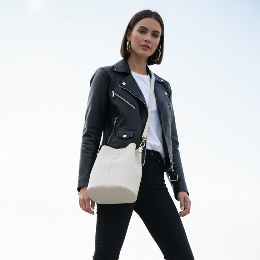 Low angle upward shot with cream bucket bag