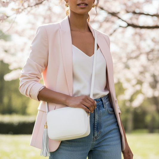 Mixed race woman wearing white crossbody bag spring outfit