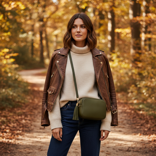 Olive green crossbody with autumn outfit - square