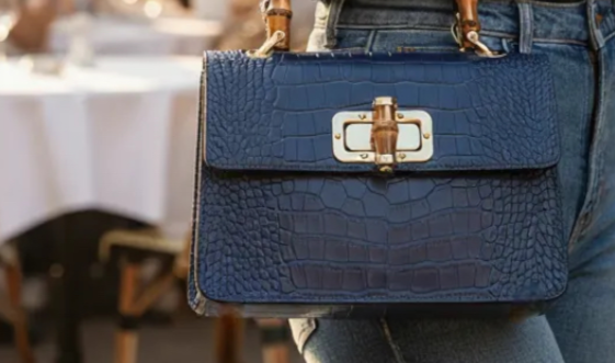 Navy Leather Crocodile Print Bag With Twist Lock - Genevieve