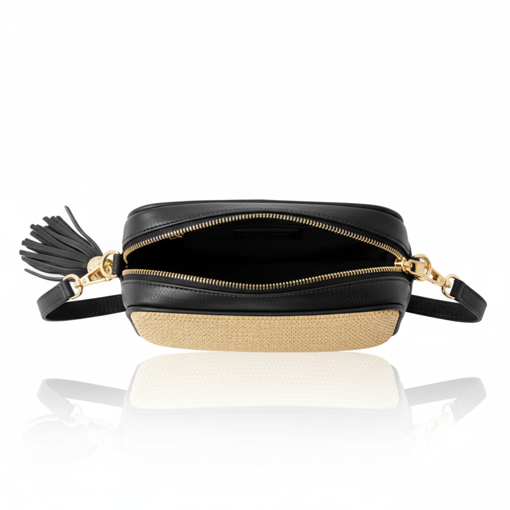 Overhead with handles spread - Black Saskia bag