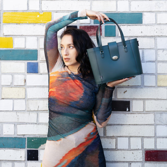 Leather Mini Twist Lock Shopper Bag - Pine - STUDIO TEW