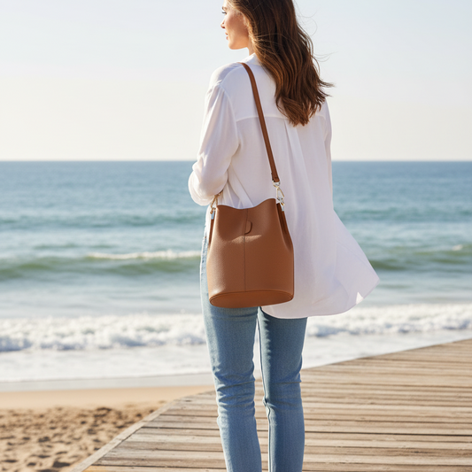 Rear angle seaside moment with tan bucket bag