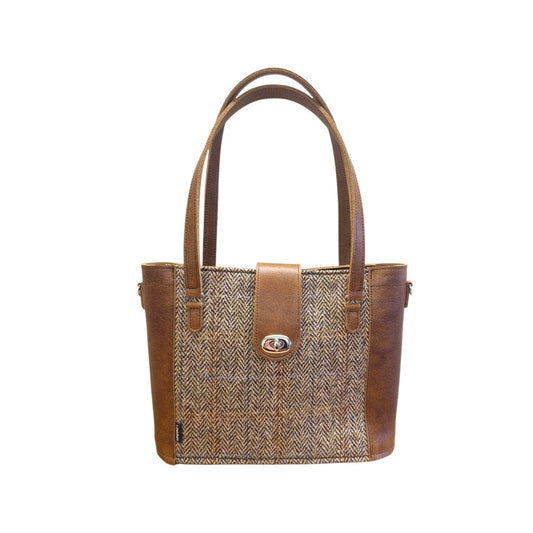 Tannery Tweed & Leather Mini Twist Lock Shopper Bag - Tan - STUDIO TEW