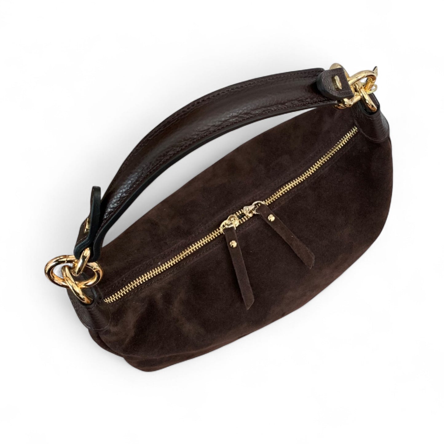 Dark Brown Suede Crescent Shaped Hobo Bag - Valerie
