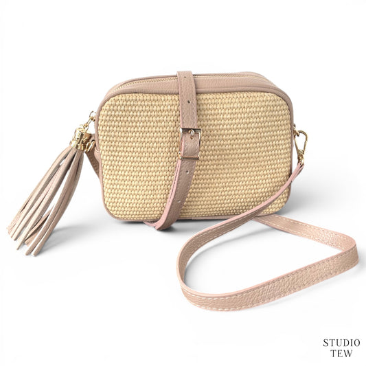 Nude Pink Leather & Raffia Bag - Saskia