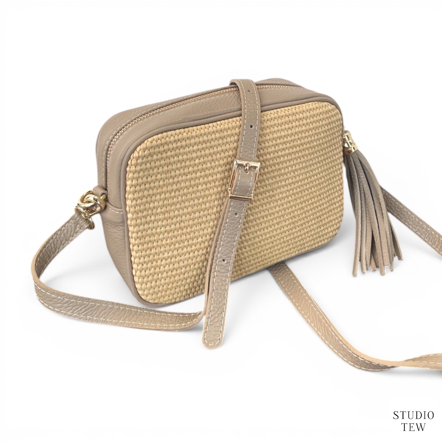 Light Taupe Leather & Raffia Bag - Saskia - STUDIO TEW