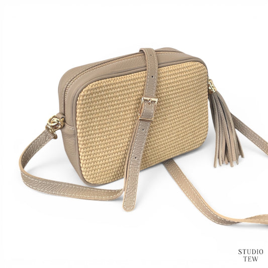 Light Taupe Leather & Raffia Bag - Saskia