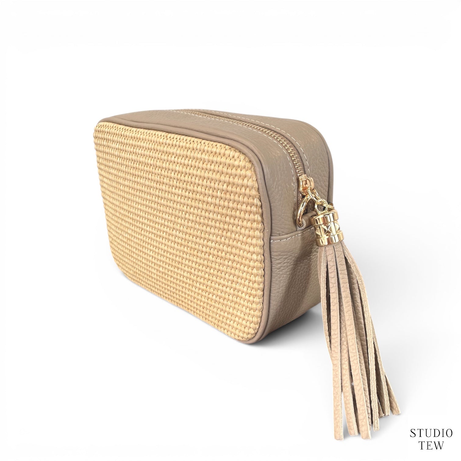 Light Taupe Leather & Raffia Bag - Saskia - STUDIO TEW