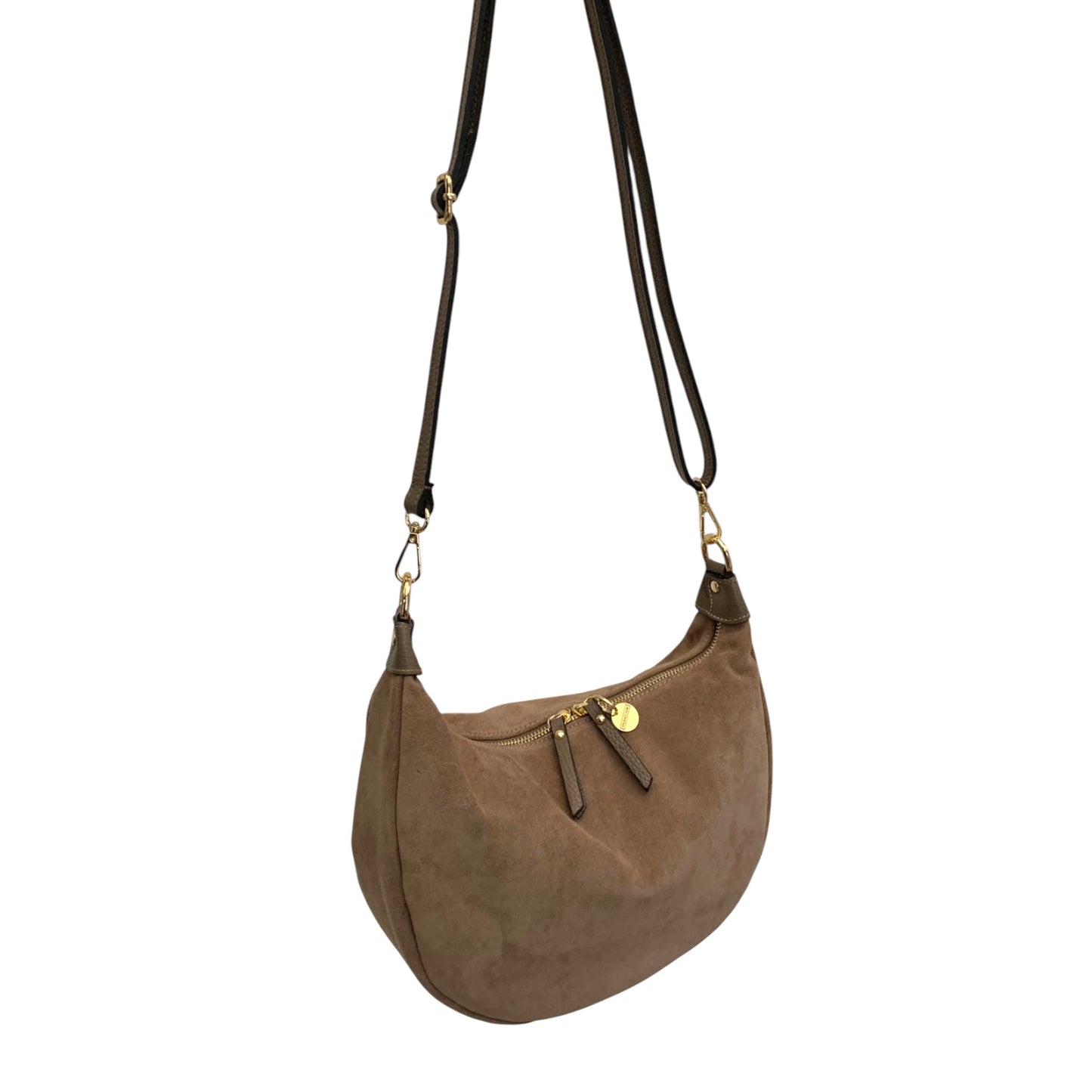 Taupe Suede Crescent Shaped Hobo Bag - Valerie