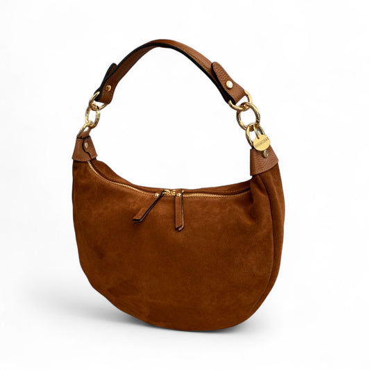 Tan Suede Crescent Shaped Hobo Bag - Valerie