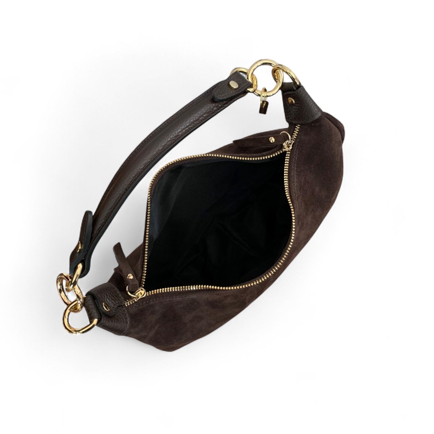 Dark Brown Suede Crescent Shaped Hobo Bag - Valerie