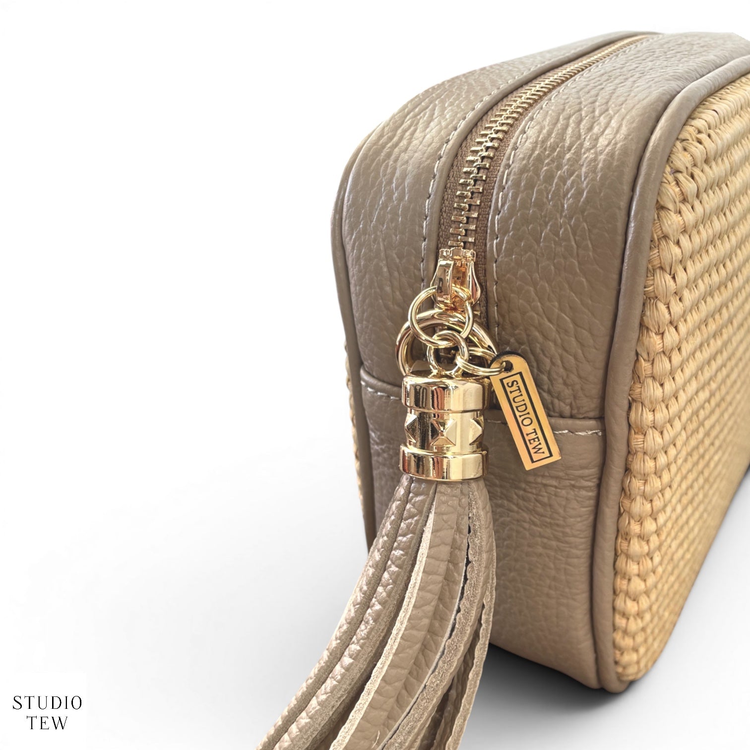 Light Taupe Leather & Raffia Bag - Saskia - STUDIO TEW