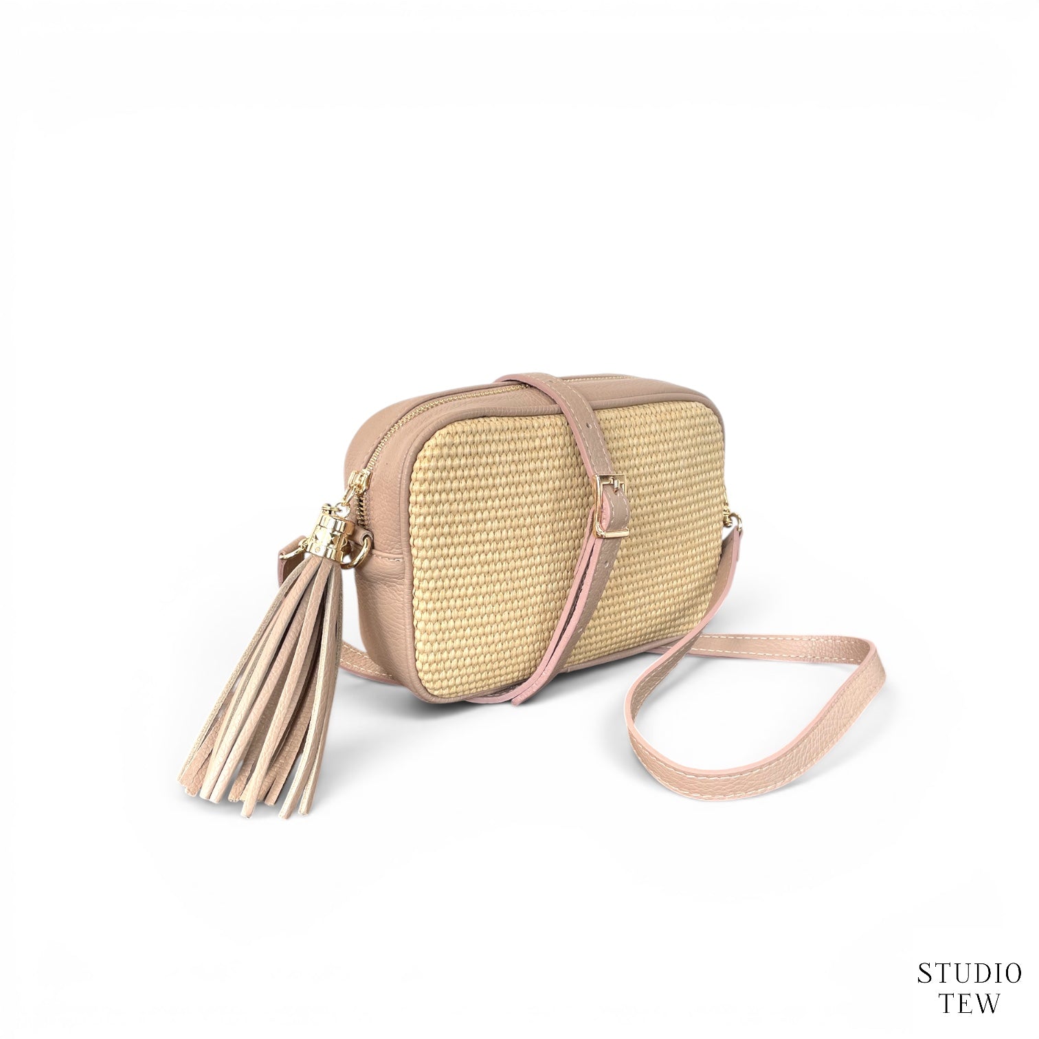 Nude Pink Leather & Raffia Bag - Saskia - STUDIO TEW