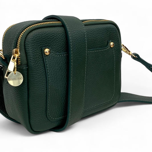 Dunkelgrüne Ledertasche mit doppeltem Reißverschluss – Victoria