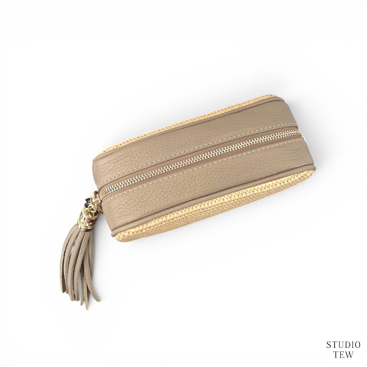 Light Taupe Leather & Raffia Bag - Saskia - STUDIO TEW