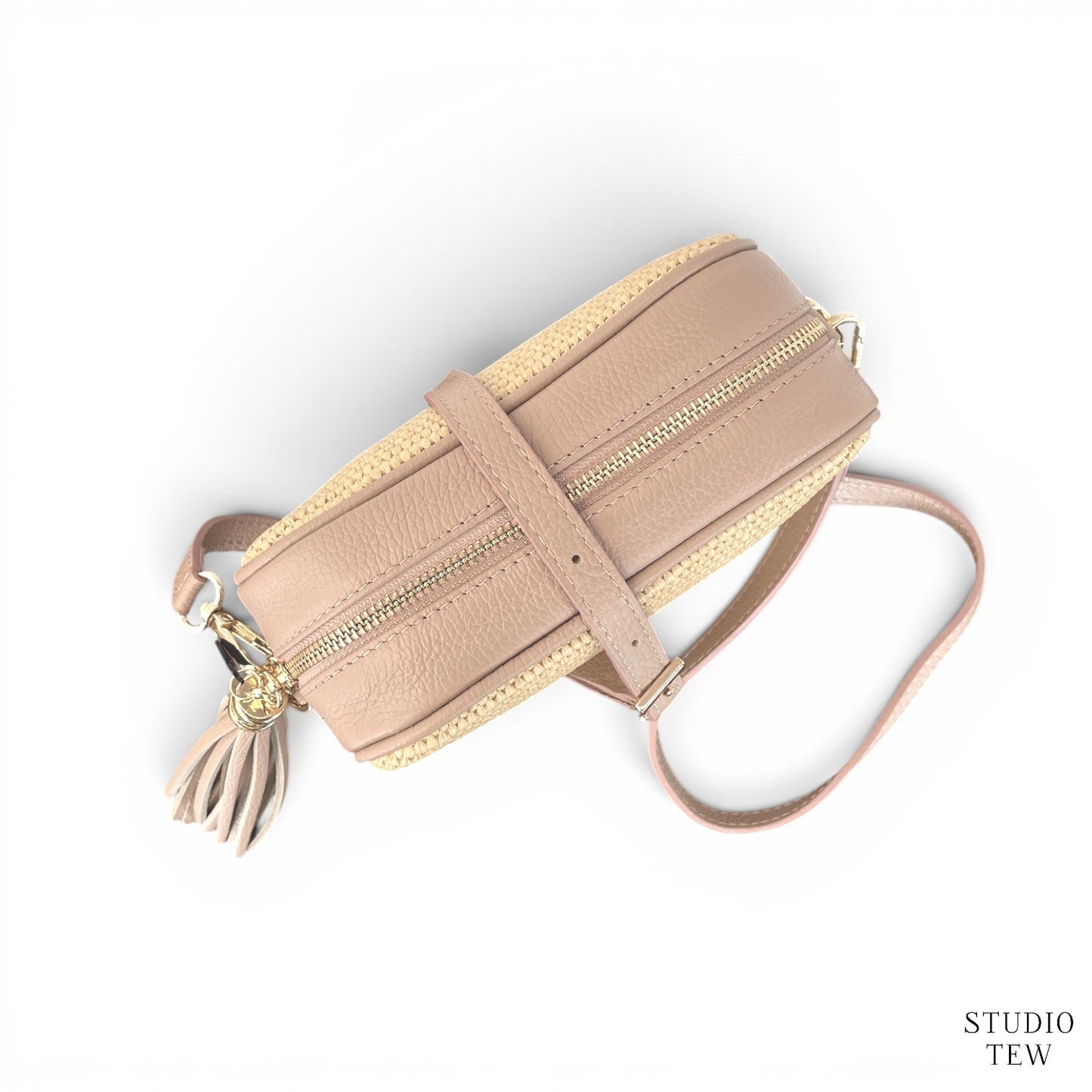 Nude Pink Leather & Raffia Bag - Saskia - STUDIO TEW