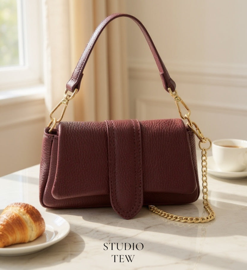 Plum Leather Occasion Bag With Chain Handle - Hilda
