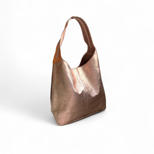 Rose Gold Leather Oversized Boho Shoulder Bag - Evalyn