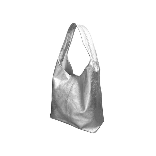 Silver Leather Oversized Boho Shoulder Bag - Evalyn