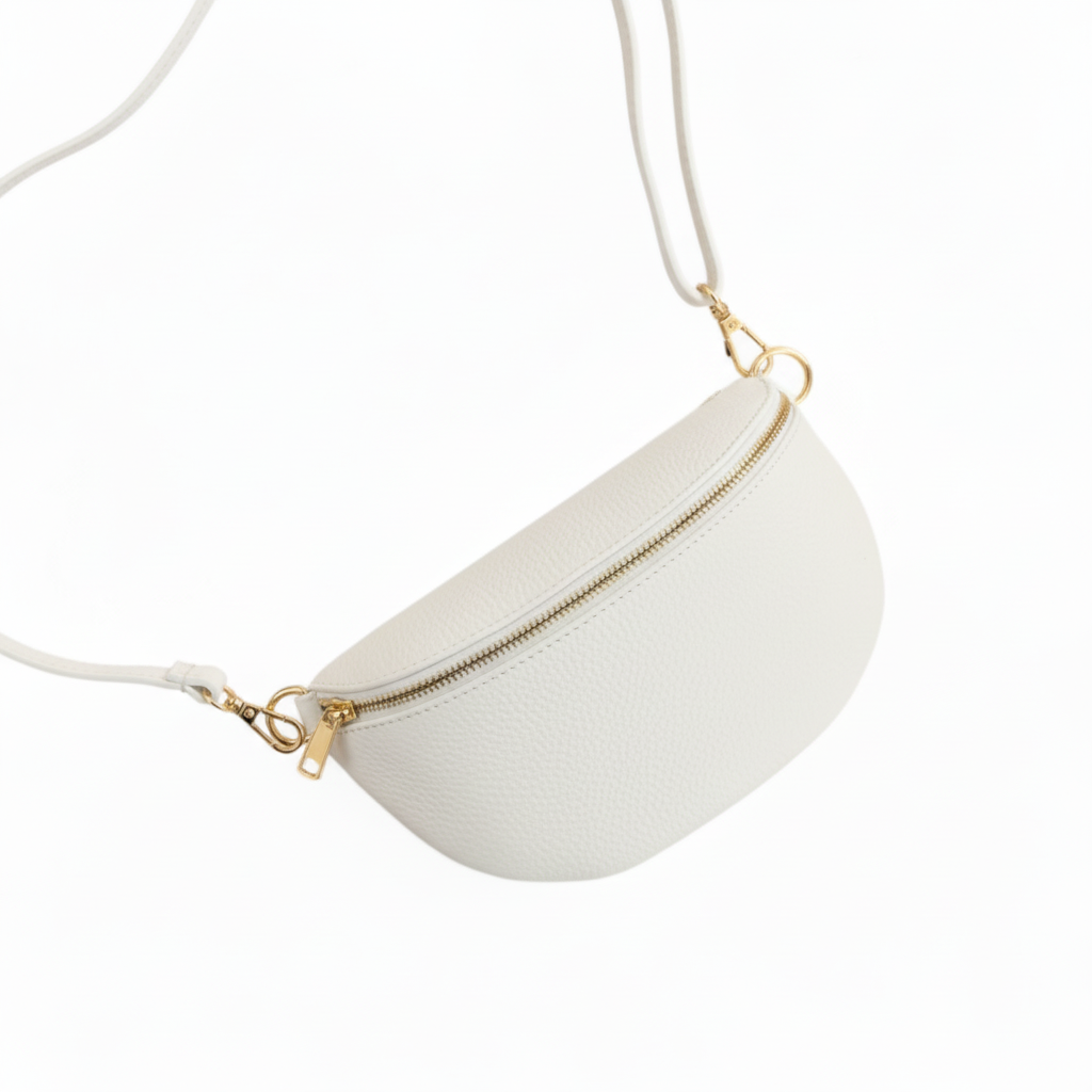 White belt bag with strap hanging