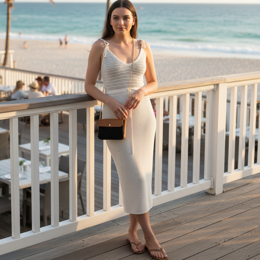 White wrap dress by the railing