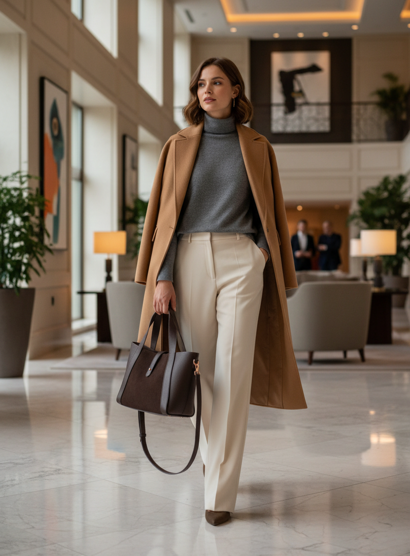 Woman carrying brown leather tote in hotel lobby