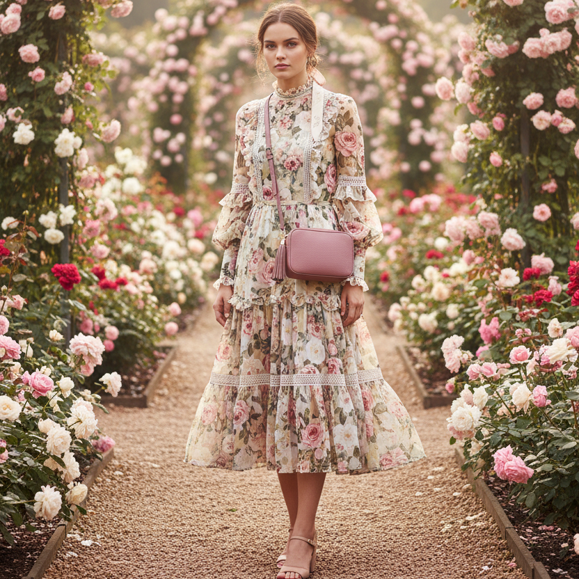 Woman in romantic dress wearing dusty rose bag in rose garden