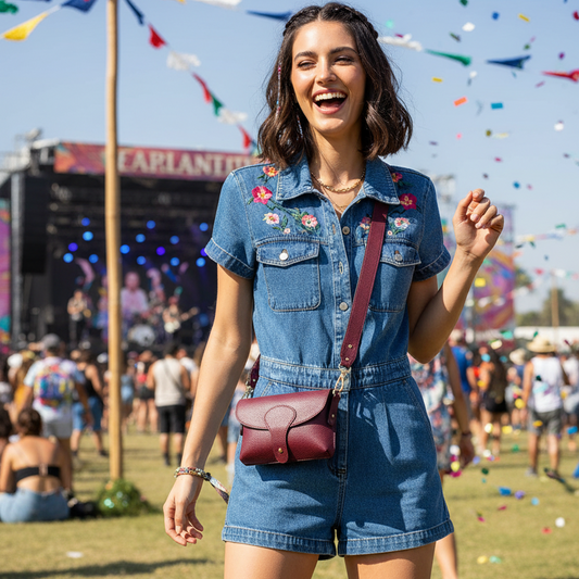 Woman wearing small burgundy bag high on chest at festival